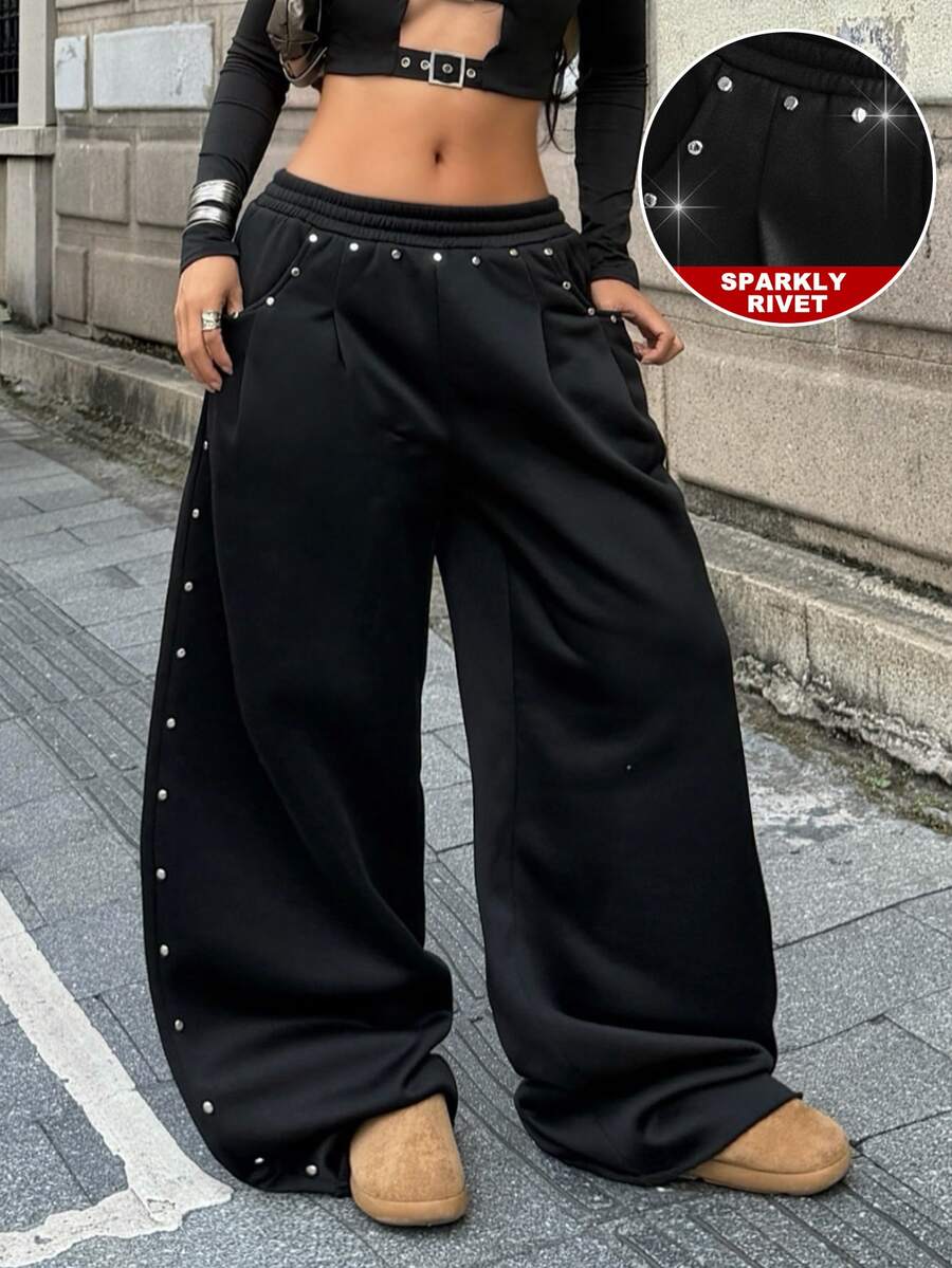Women's loose straight leg casual pants with drawstring elastic waist and pockets