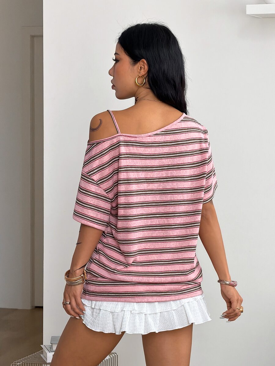 Women's casual loose fit cold shoulder cotton t-shirt with asymmetrical cutout neckline and short sleeves.