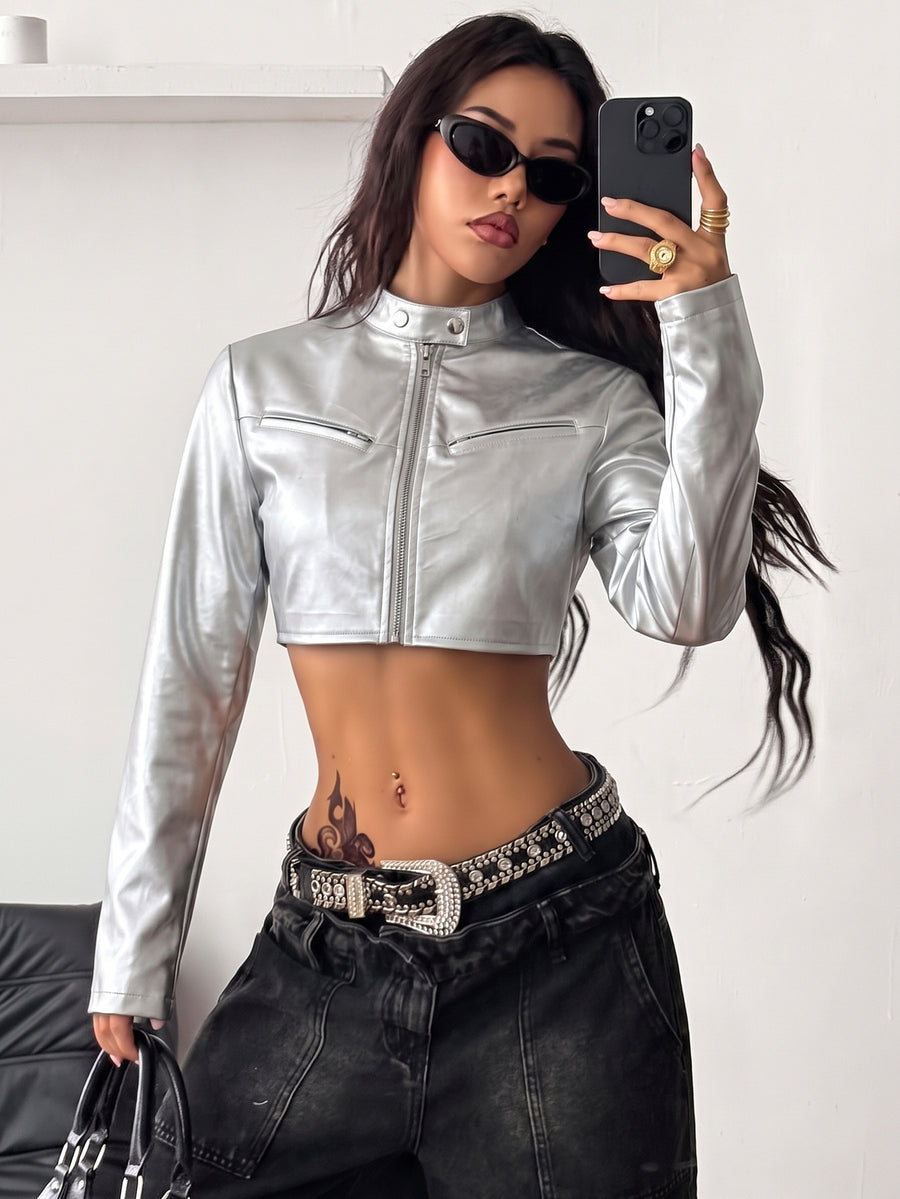 Front view of a women's black cropped PU leather jacket featuring a stand collar, long sleeves, and front zipper closure.