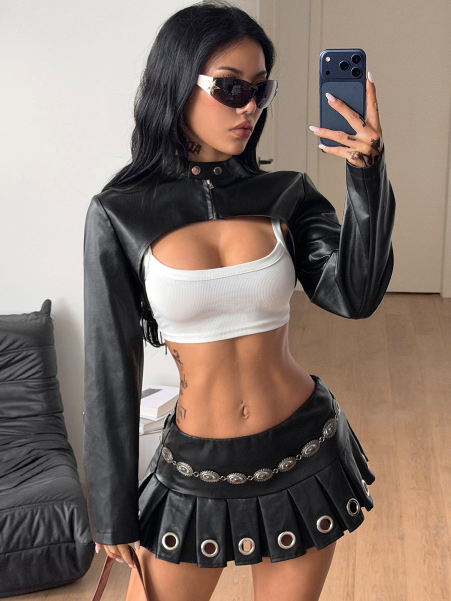 Front view of women's black cropped PU leather jacket featuring an asymmetrical hem, stand collar, and zipper hardware details.