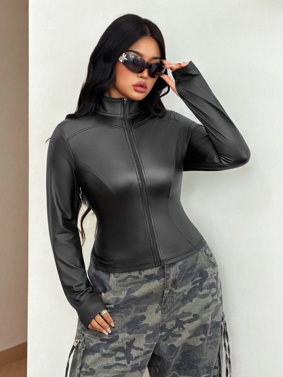 Black plus size women's slim fit zip-up jacket with a high neck and extra-long sleeves crafted in stretch PU fabric