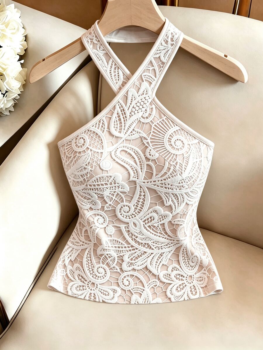 Apricot slim fit criss-cross halter tank top with folk plant print and backless design for women