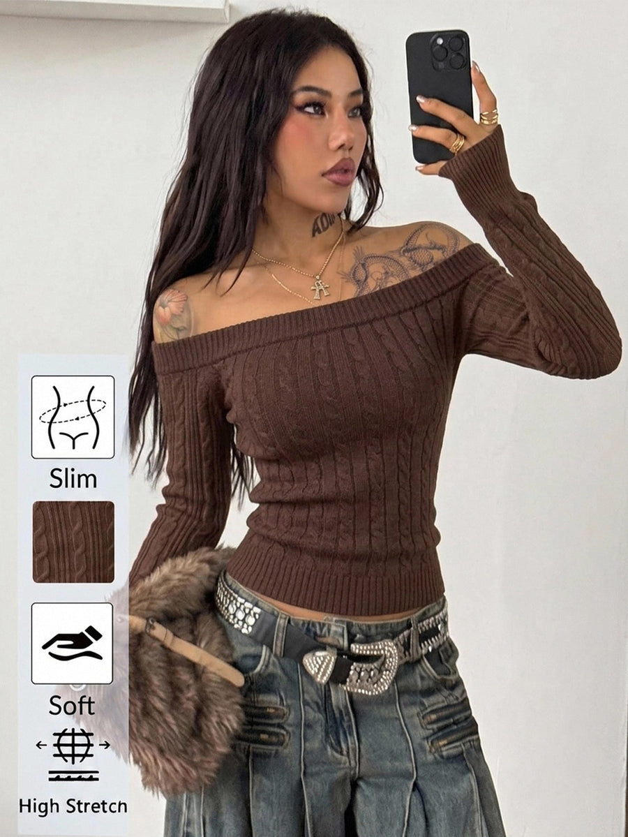 Front view of a women's brown off-the-shoulder sweater with cable-knit detailing and three-quarter sleeves