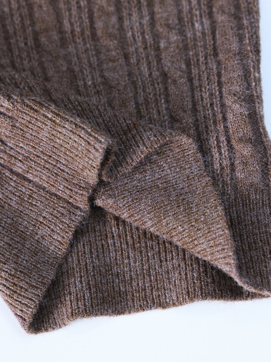 Women's brown ribbed knit two-piece sweater set featuring a long sleeve V-neck top and wide leg flare pants.