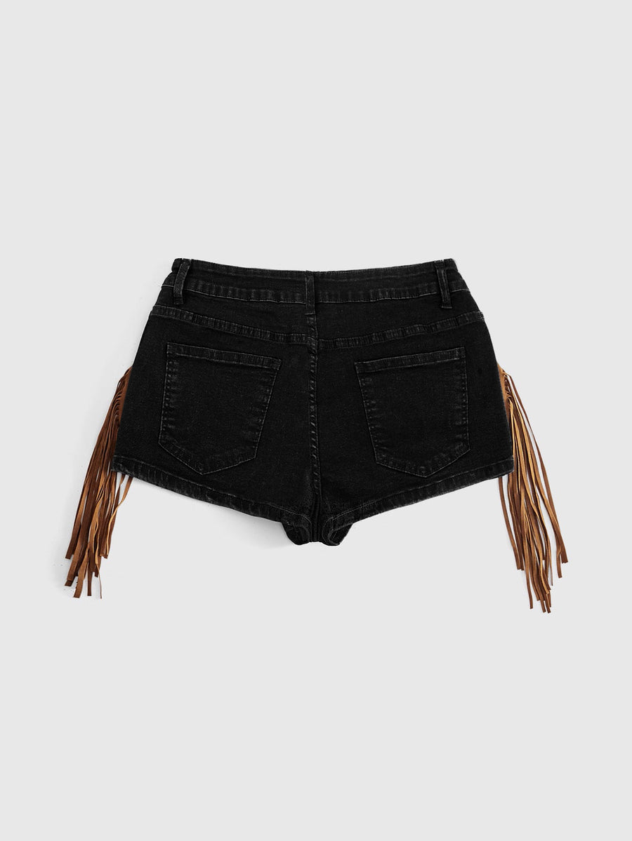Low waist women's skinny denim shorts with suede patchwork and fringe trim detailing.