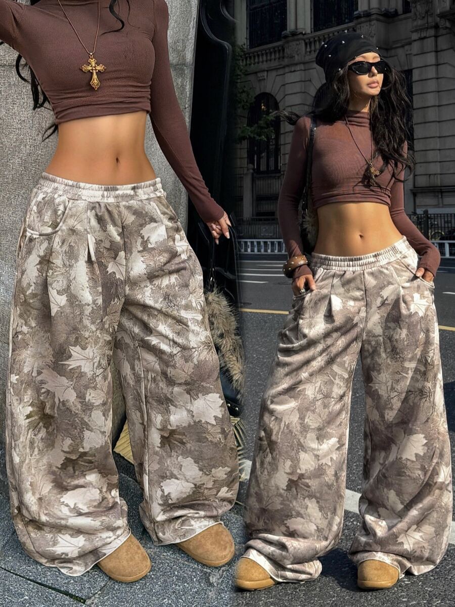 Women's loose straight leg casual pants with drawstring elastic waist and pockets