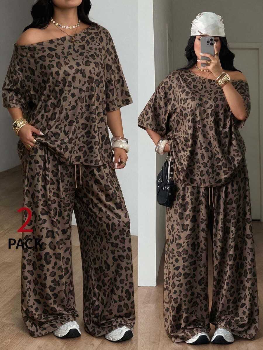 Women's two-piece lounge set featuring a loose drop shoulder asymmetrical neck short sleeve t-shirt and wide-leg knit pants with pockets.