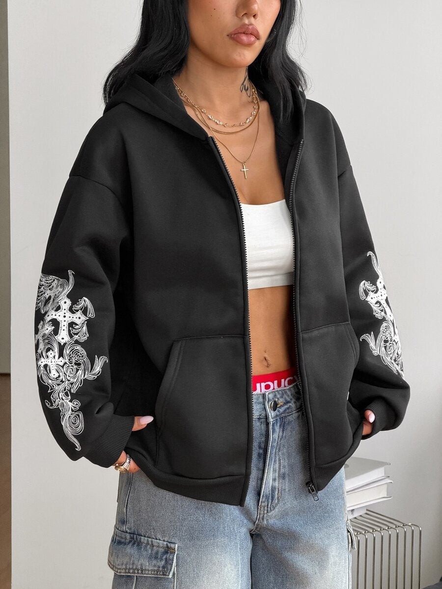 Women's brown leopard print zip-up hoodie with contrast faux fur trim and long bishop sleeves