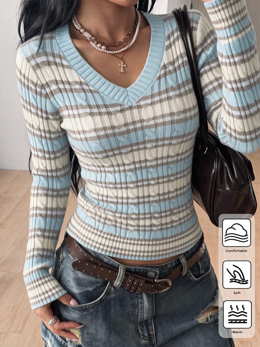 Women's slim fit cable-knit sweater with a V-neckline and long sleeves in solid green rib knit fabric.