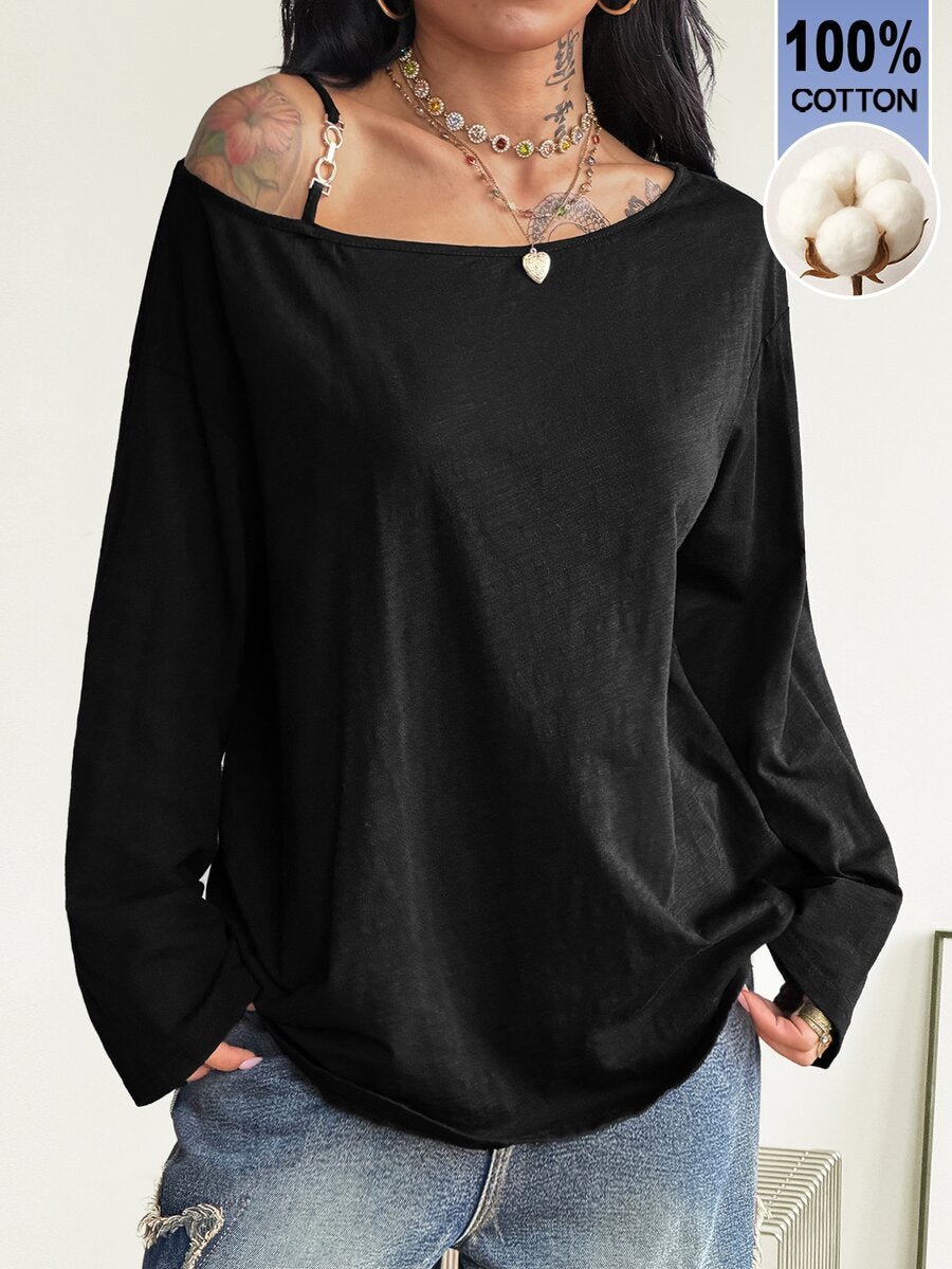 Women's brown striped boat neck long sleeve raglan T-shirt with a loose casual fit