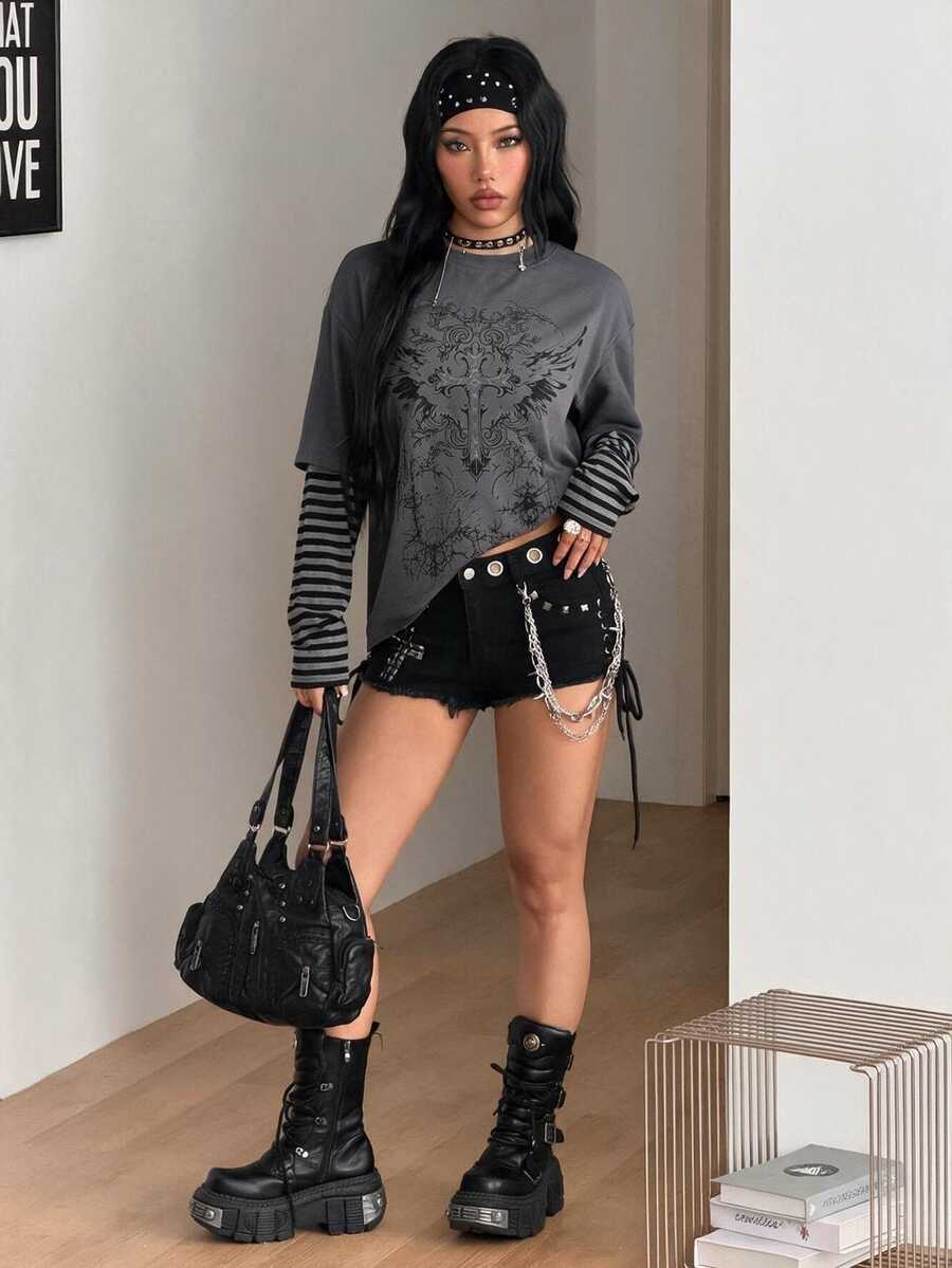 Women's casual graphic long sleeve t-shirt with a round neck, drop shoulder sleeves, and loose relaxed fit.