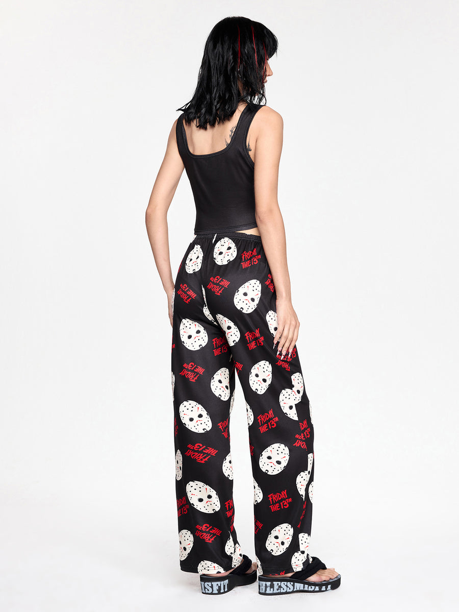 Women's gothic skull face print pajama set featuring a slim fit crop camisole and matching pants