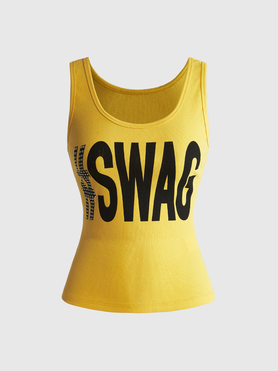 Women's slim fit ribbed scoop neck tank top featuring graphic print and rivet embellishments
