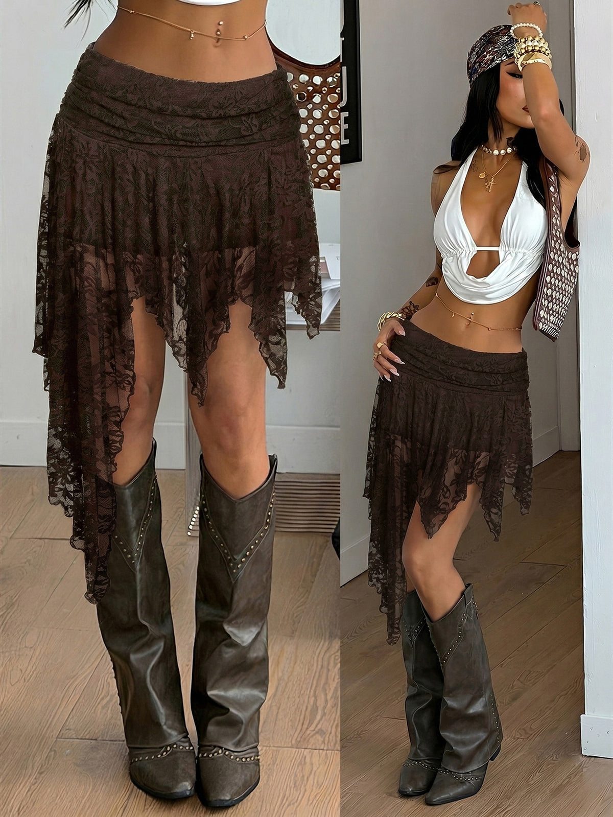 Women's floral lace mini skirt in white with asymmetrical ruffle trim and low waist design.