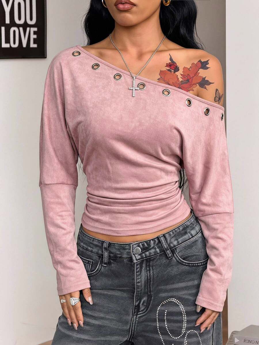 Women's black long sleeve t-shirt featuring delicate contrast lace details and a boat neckline in a knitted stretch fabric.