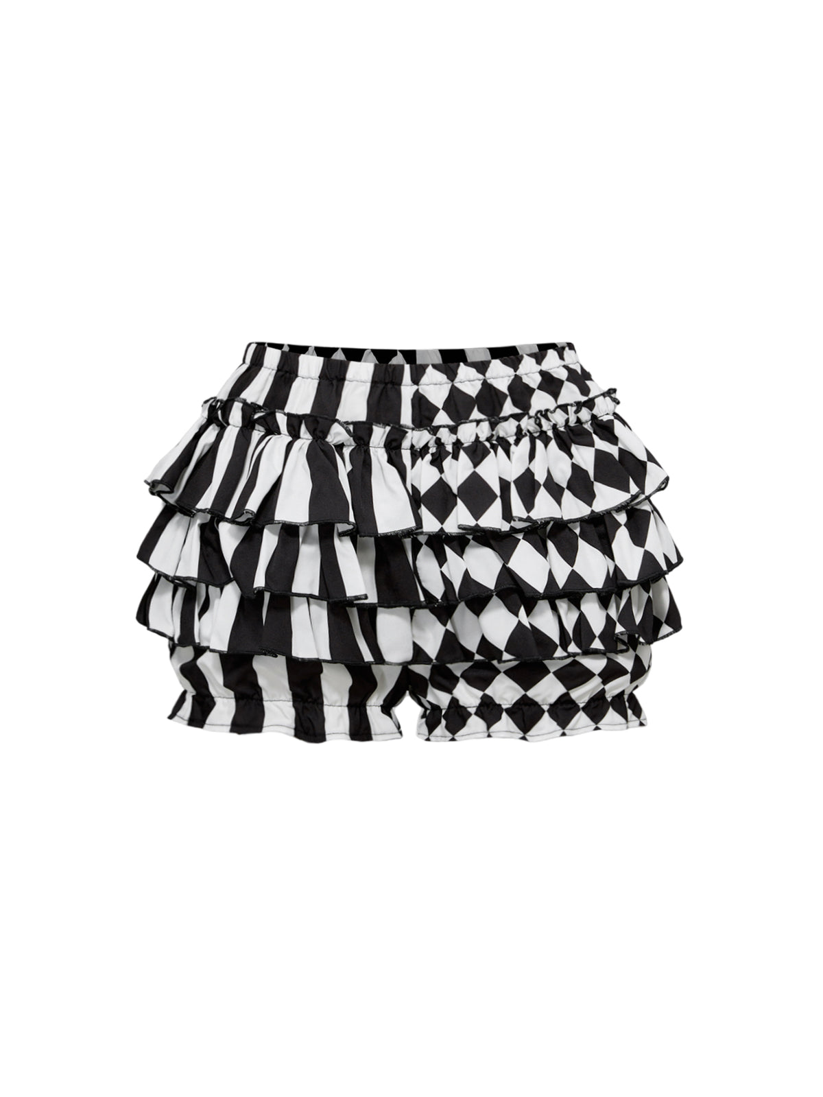 Black and white striped and geometric patchwork gothic pumpkin shorts for women featuring tiered ruffle hems and an elastic waistband.