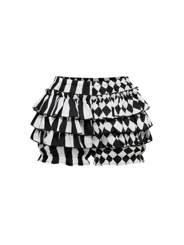 Black and white striped and geometric patchwork gothic pumpkin shorts for women featuring tiered ruffle hems and an elastic waistband.