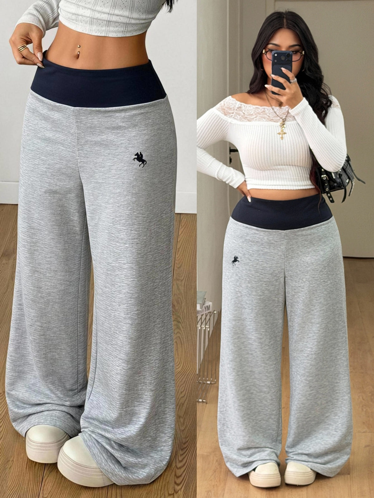 Women's casual straight leg sweatpants featuring a black and white polka dot design with an elastic waistband.