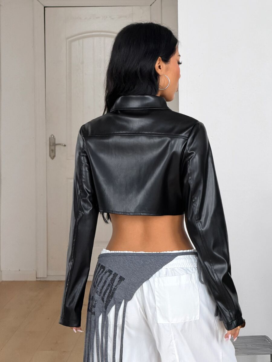 Front view of a women's black cropped PU leather jacket featuring a stand collar, long sleeves, and front zipper closure.