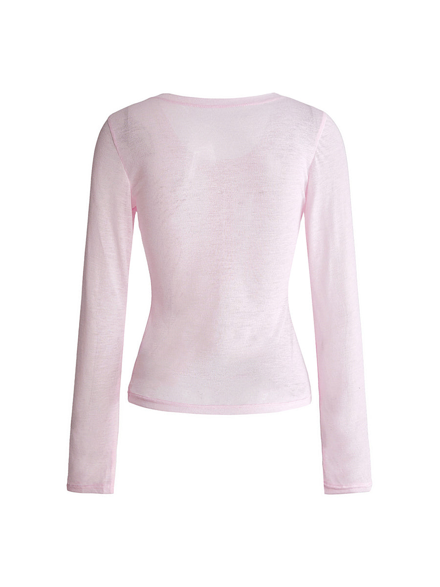 Women's slim fit long sleeve rib-knit henley shirt with scoop neckline and front buttons
