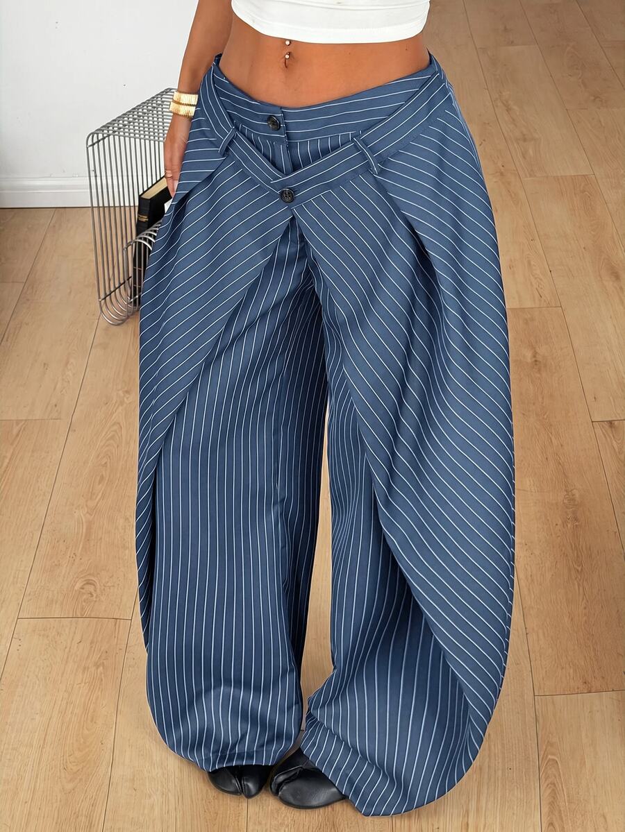 Women's loose fit pleated wide leg pants in royal blue pinstripe woven fabric with zipper fly closure.