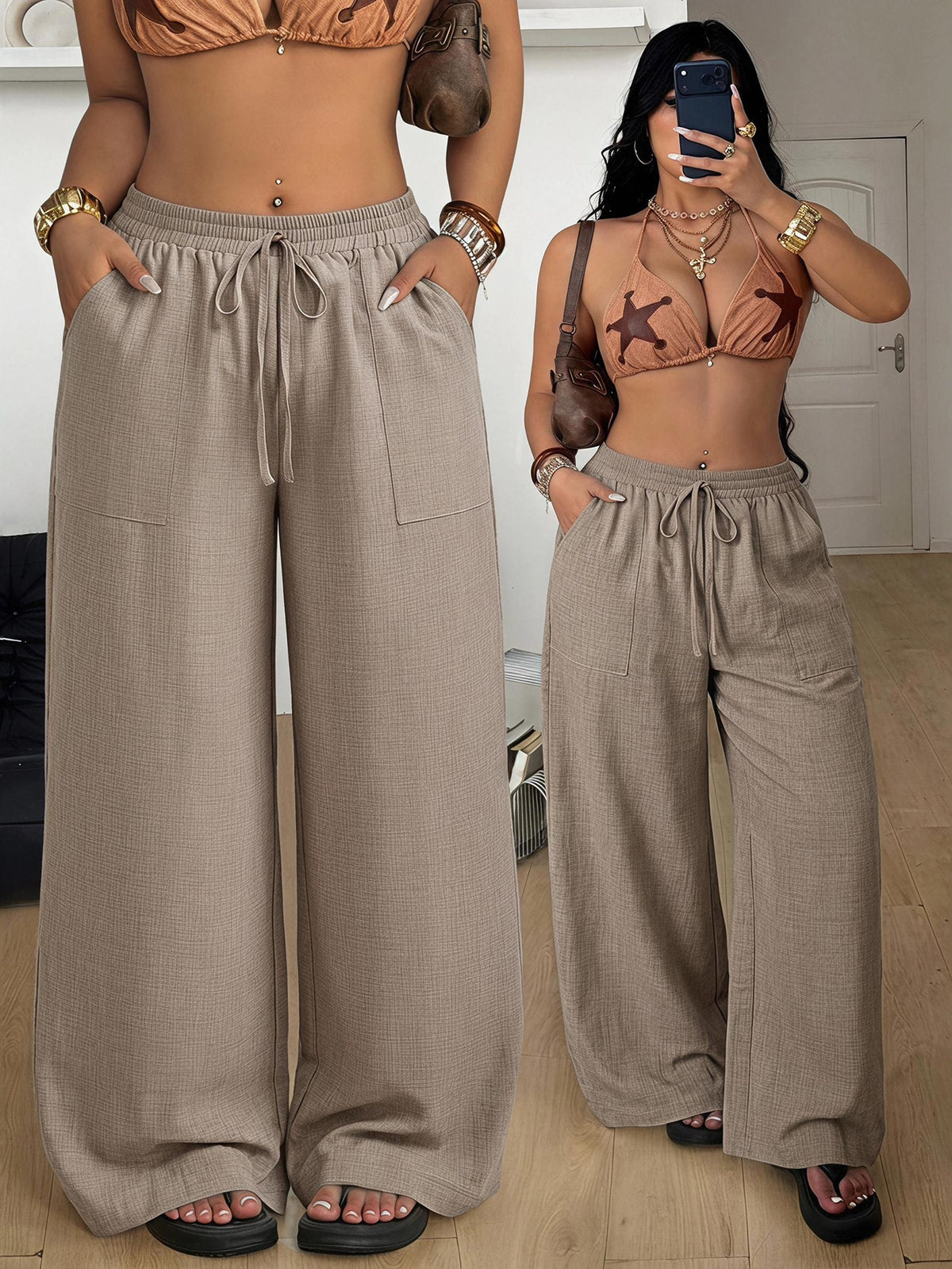 Women's loose straight leg cotton pants featuring a high waist with an adjustable drawstring knot and functional side pockets.