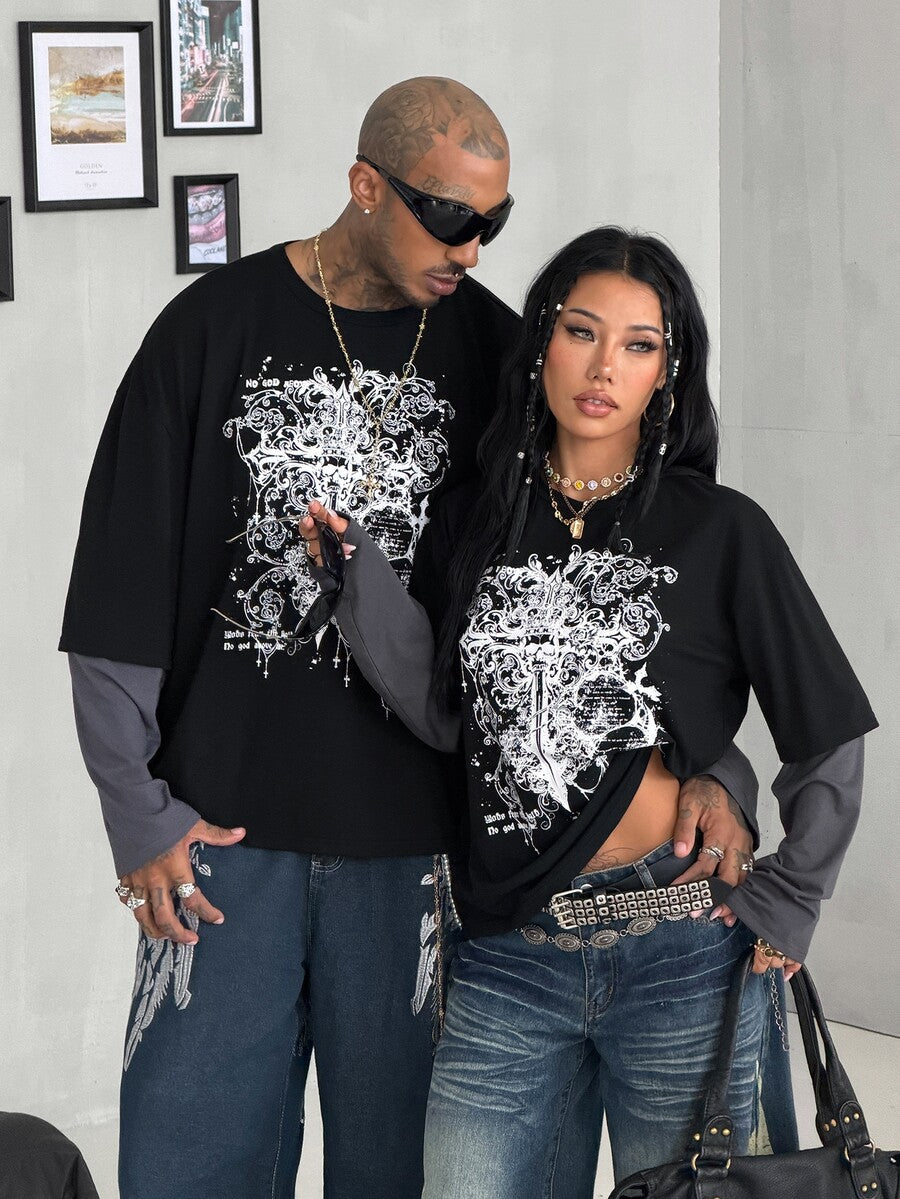 Women's casual graphic long sleeve t-shirt with a round neck, drop shoulder sleeves, and loose relaxed fit.