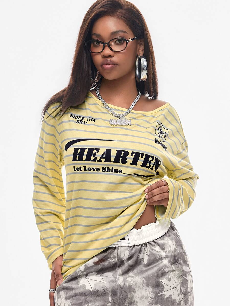 Women's brown striped boat neck long sleeve raglan T-shirt with a loose casual fit