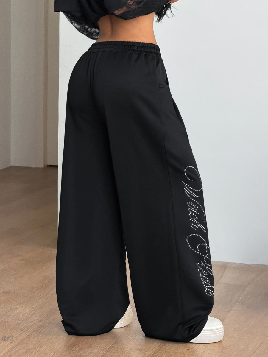 Women's loose straight leg casual pants with drawstring elastic waist and pockets