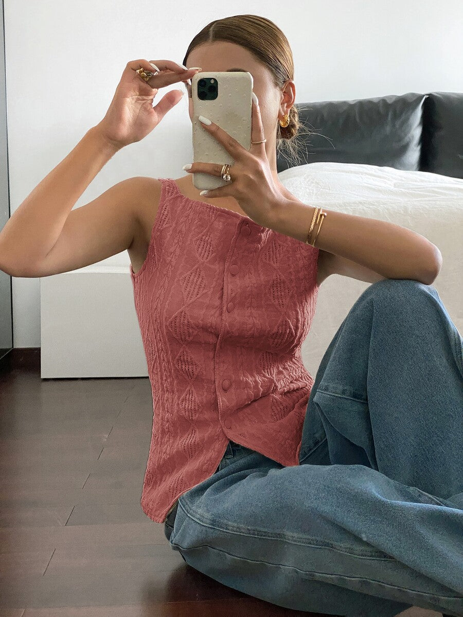 Striped ribbed knit tank top for women featuring a button-down front, sleeveless design, and slim fit silhouette.