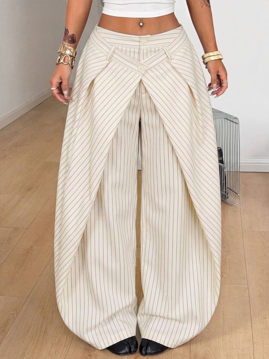 Women's loose fit pleated wide leg pants in royal blue pinstripe woven fabric with zipper fly closure.