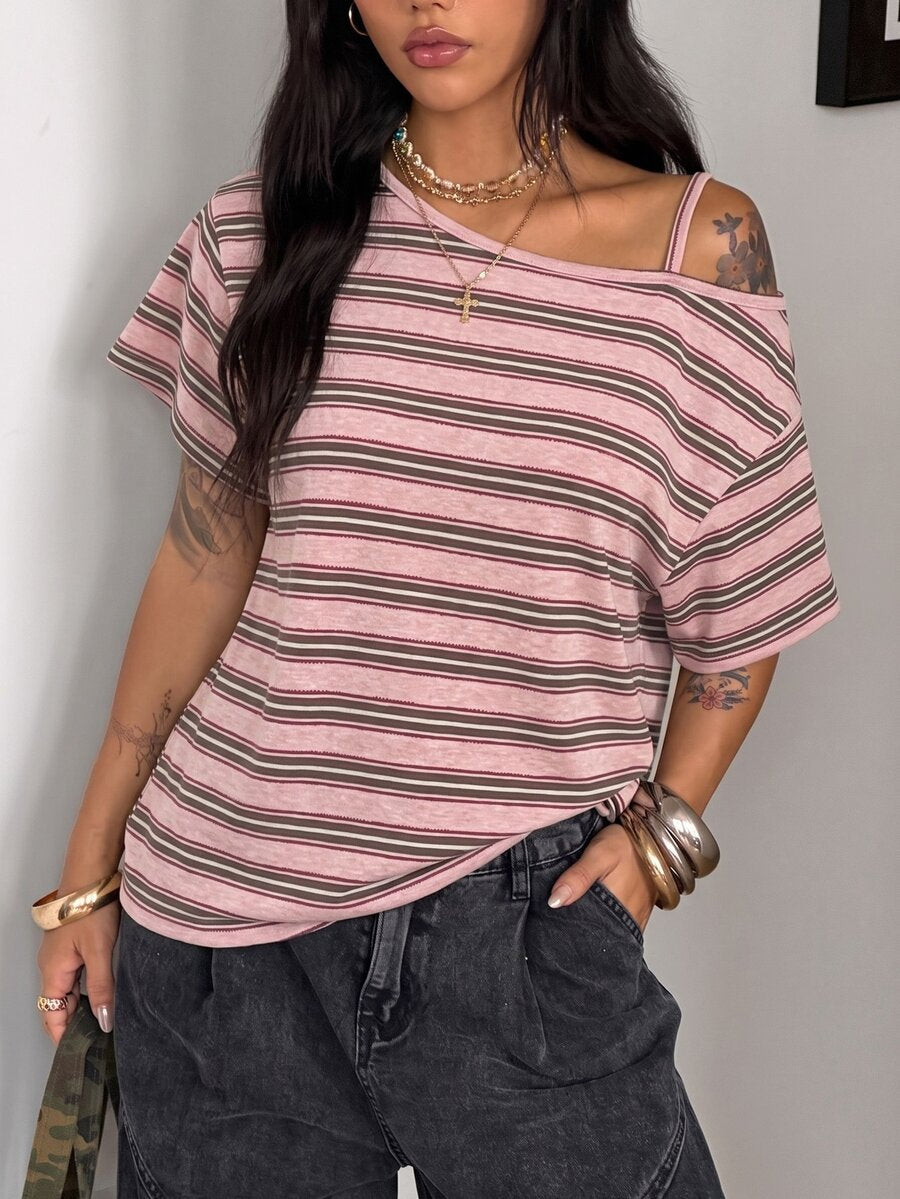 Women's casual loose fit cold shoulder cotton t-shirt with asymmetrical cutout neckline and short sleeves.