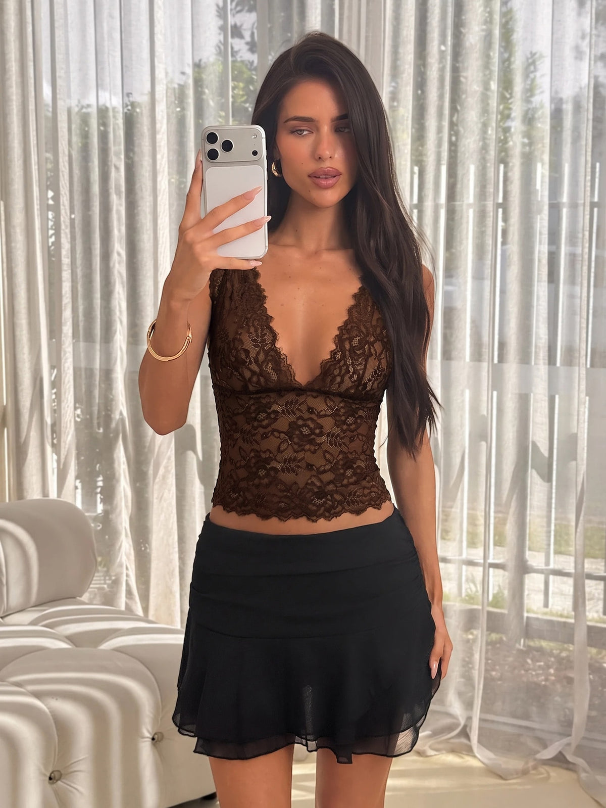 Women's Black Lace Deep V Crop Tank Top