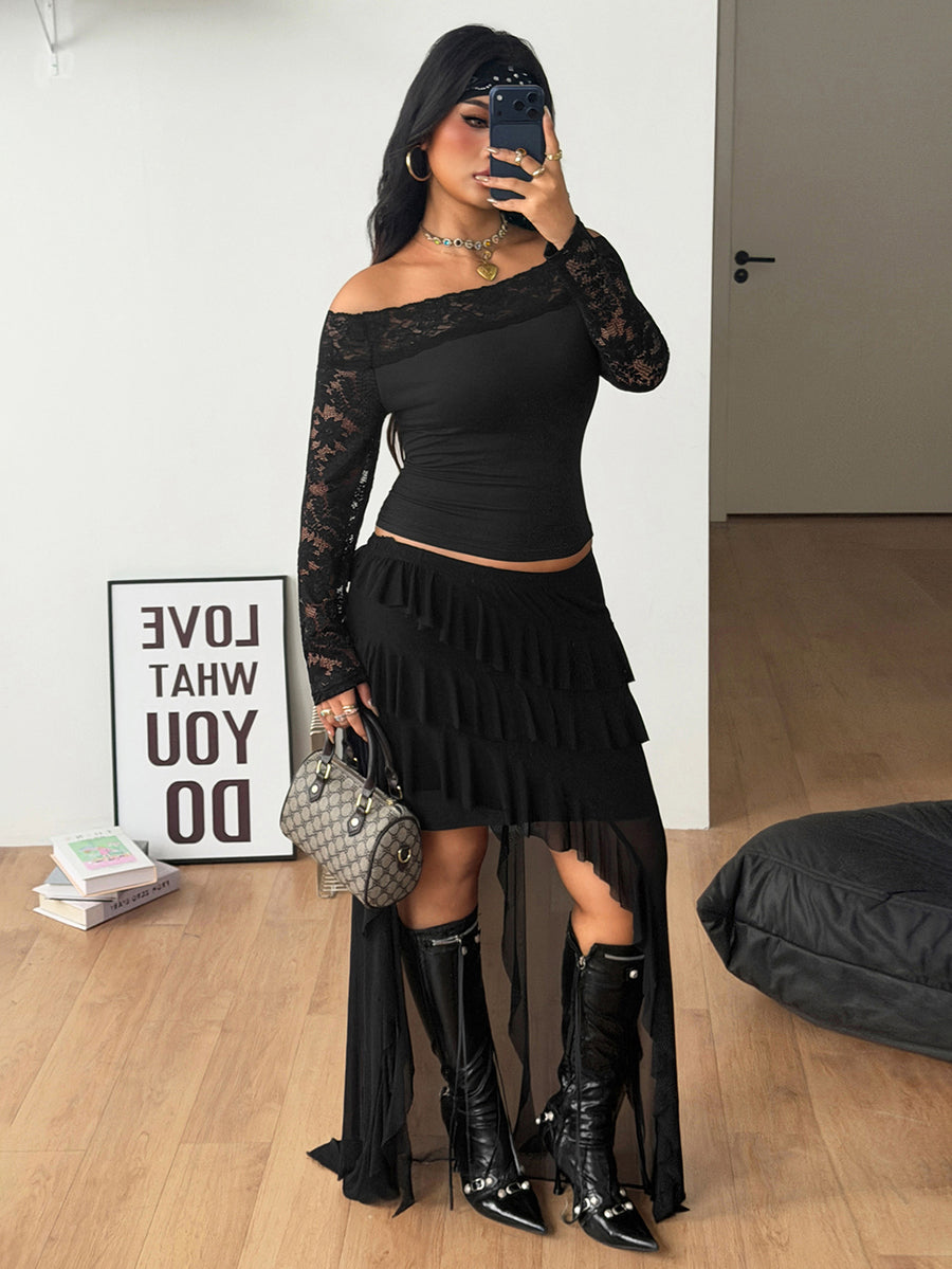 Women's striped off the shoulder long-sleeve top with contrast lace trim and ribbed knit texture.