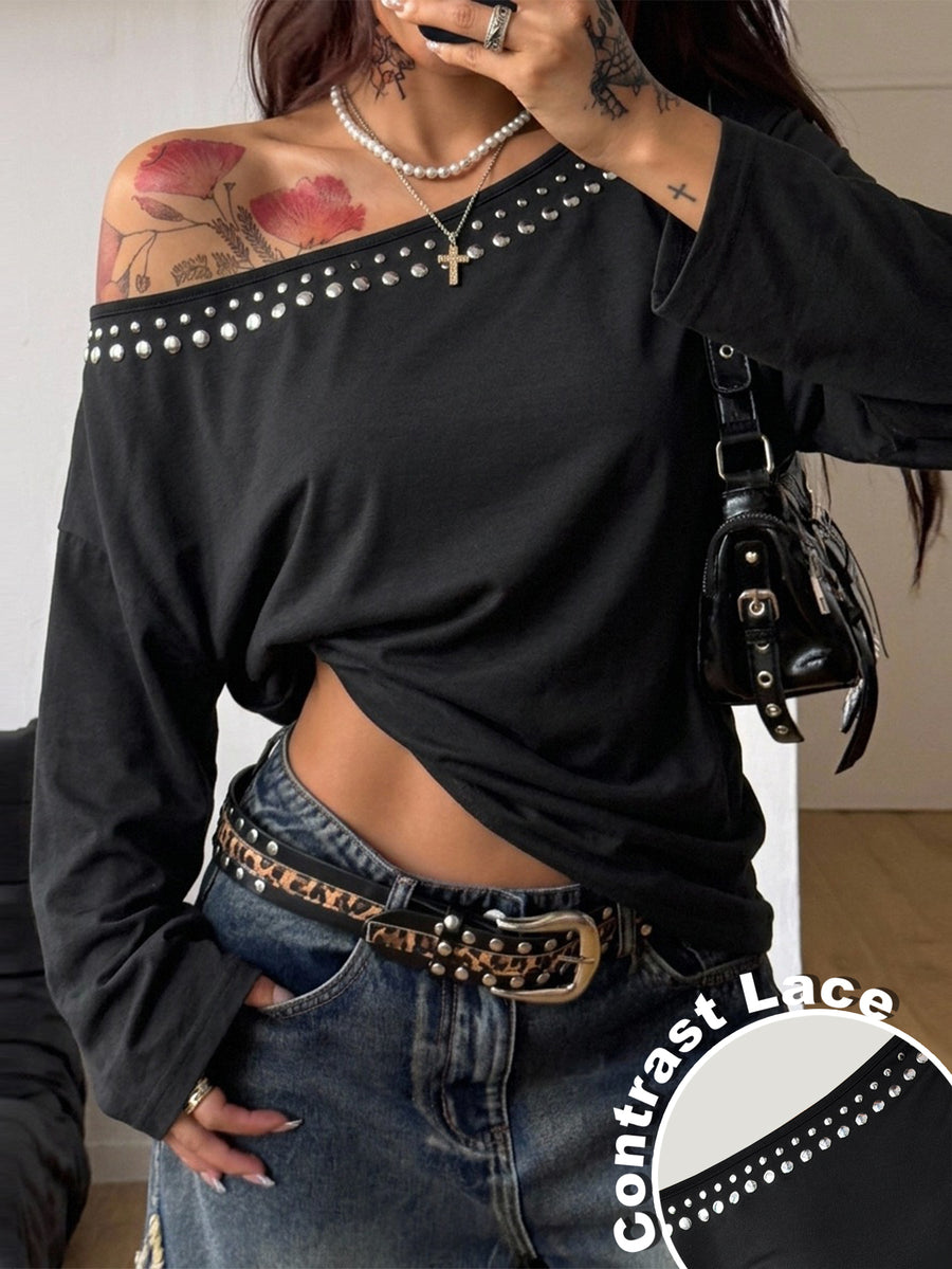 Women's brown striped boat neck long sleeve raglan T-shirt with a loose casual fit