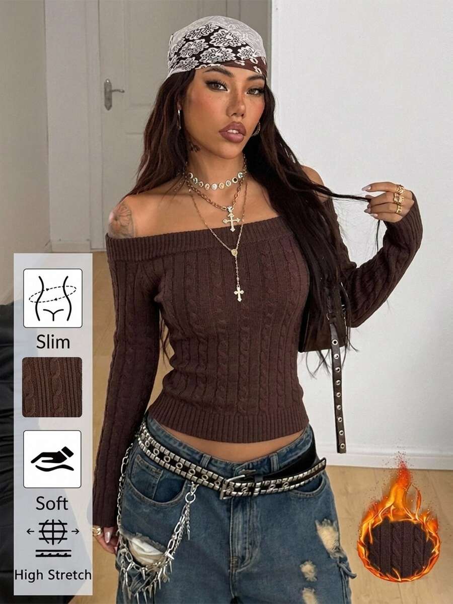 Front view of a women's brown off-the-shoulder sweater with cable-knit detailing and three-quarter sleeves