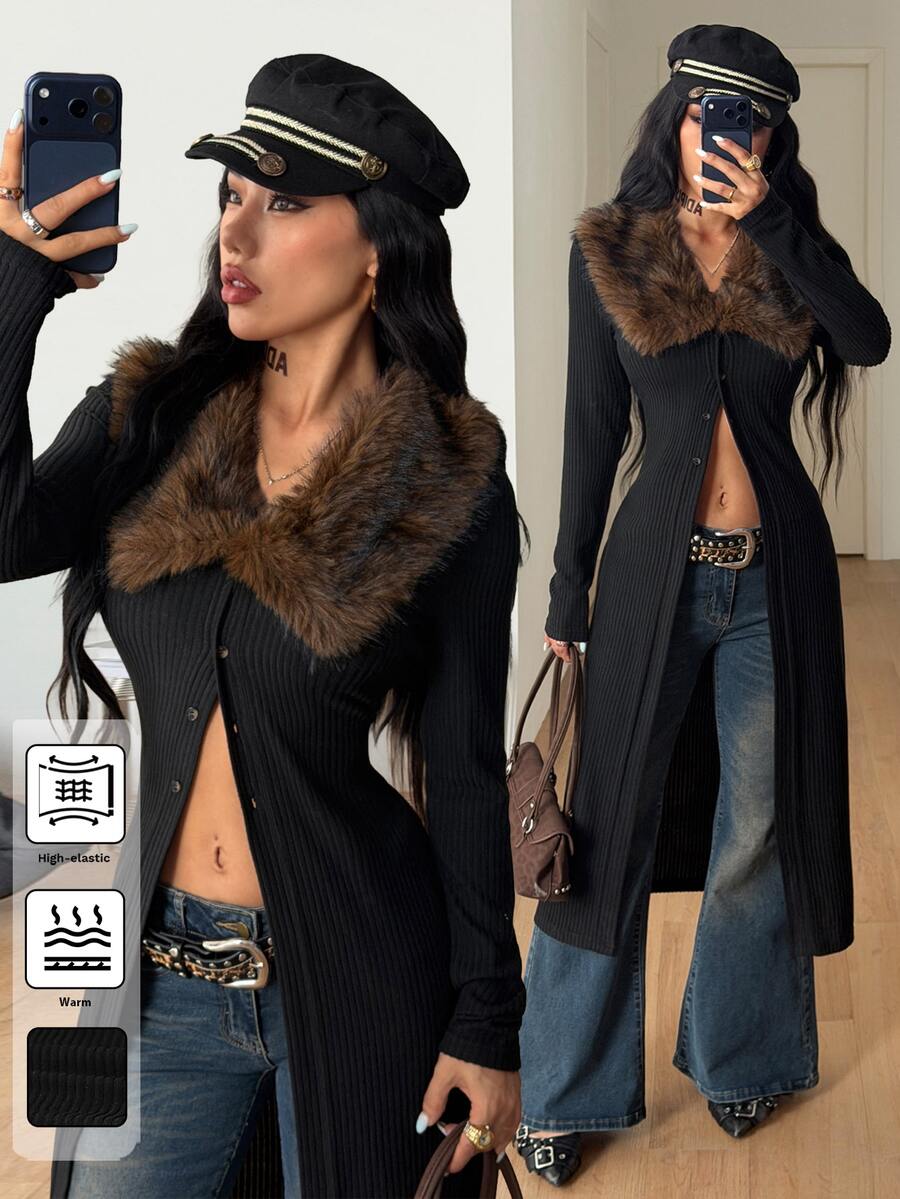 Women's slim fit black long sleeve midi coat with a contrast faux fur collar and button-down front.
