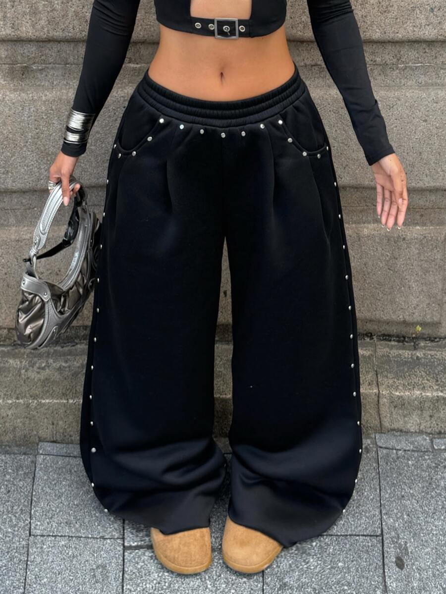 Women's loose straight leg casual pants with drawstring elastic waist and pockets
