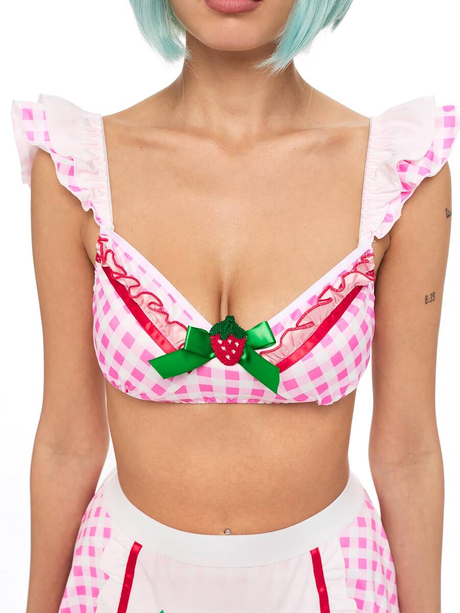 Baby pink 2-piece anime cosplay costume set featuring a plaid ruffle top with adjustable straps and a matching mini skirt.