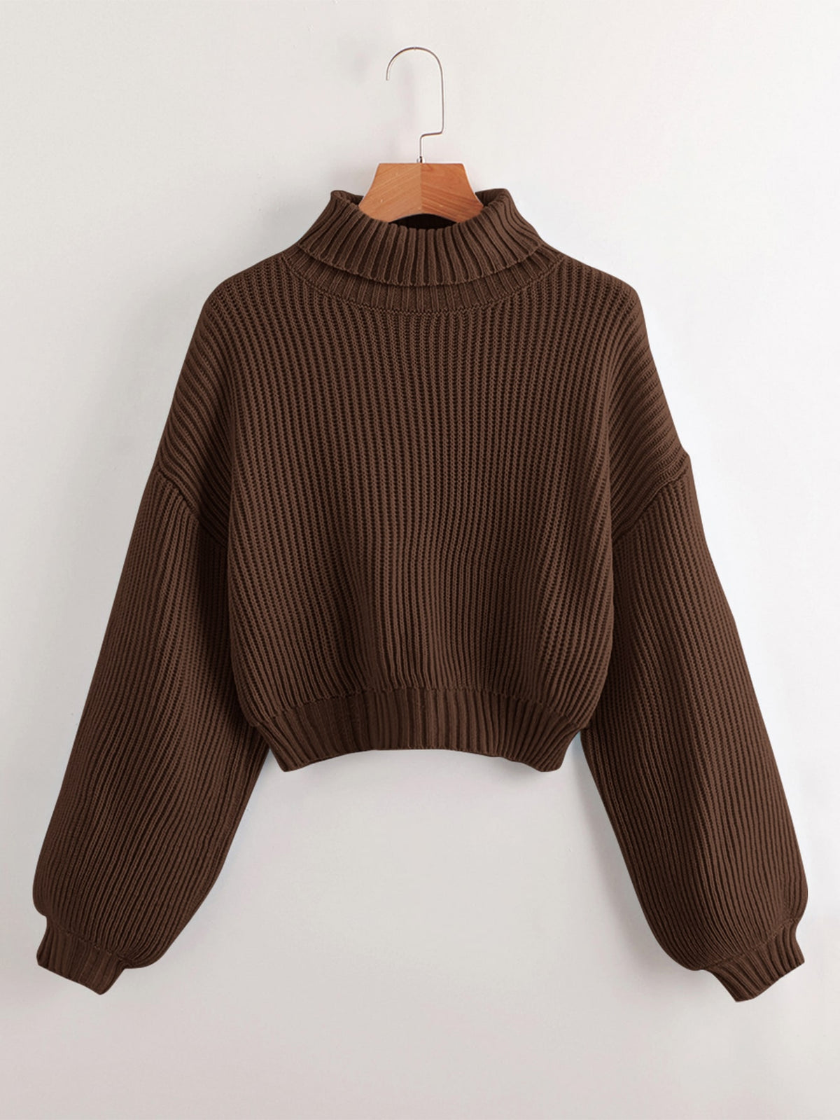 Women's rib-knit crop turtleneck sweater with long drop shoulder sleeves