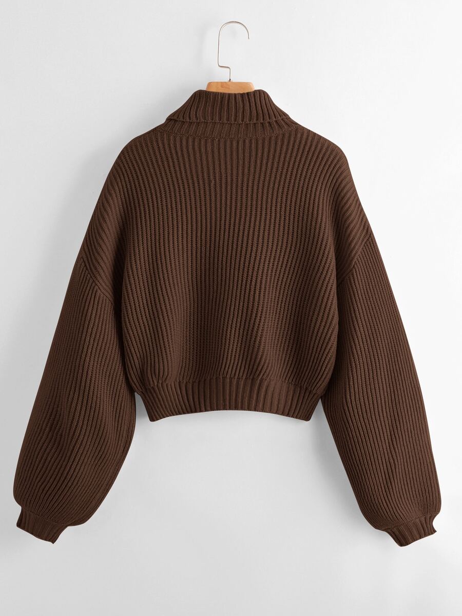 Women's rib-knit crop turtleneck sweater with long drop shoulder sleeves