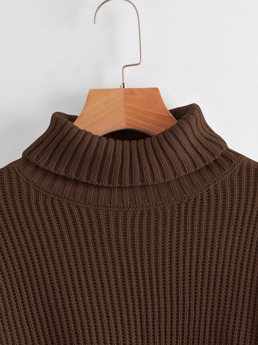 Women's rib-knit crop turtleneck sweater with long drop shoulder sleeves