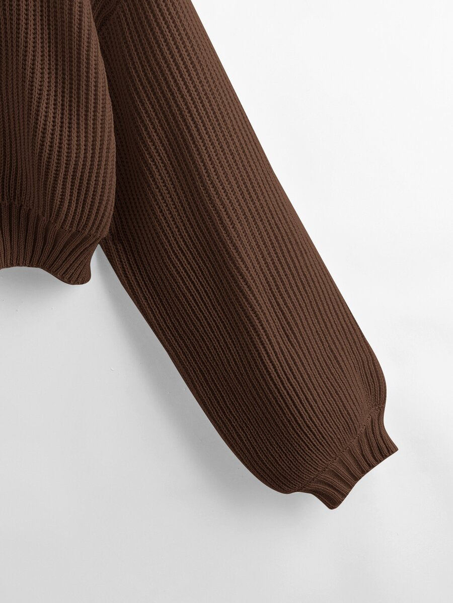 Women's rib-knit crop turtleneck sweater with long drop shoulder sleeves