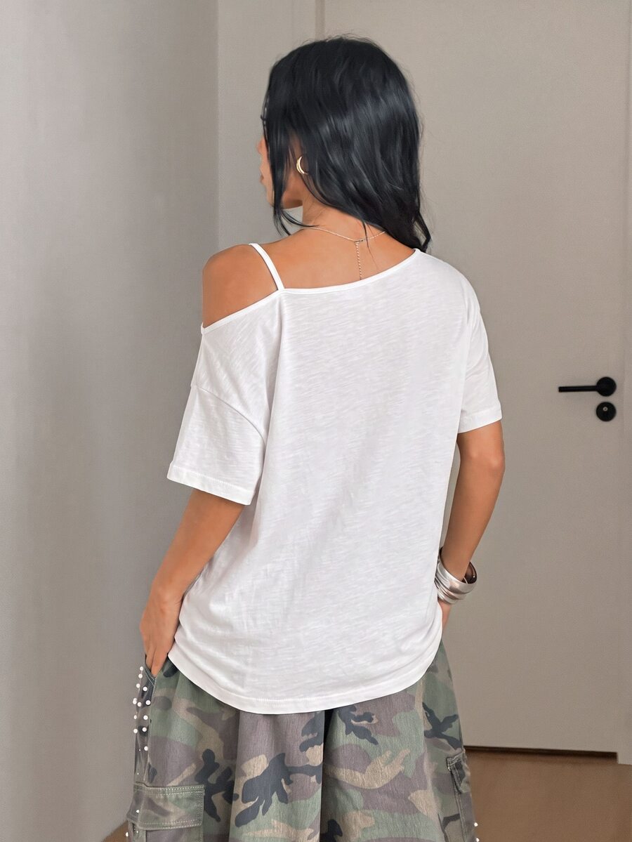 Women's casual loose fit cold shoulder cotton t-shirt with asymmetrical cutout neckline and short sleeves.
