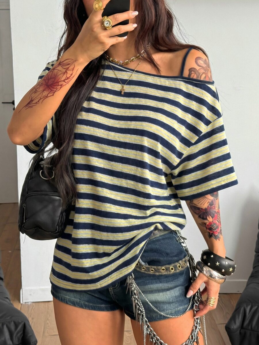 Women's casual loose fit cold shoulder cotton t-shirt with asymmetrical cutout neckline and short sleeves.