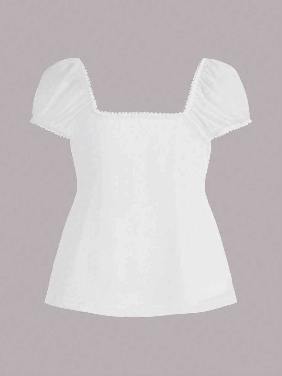 Women's black short puff sleeve top featuring a square neckline, ruched bust detail, and flared ruffle hem.