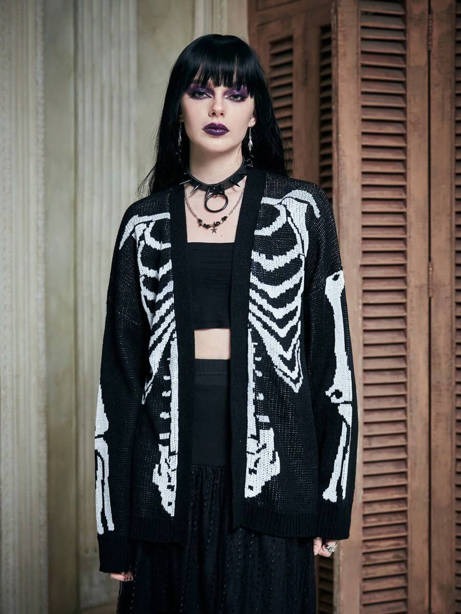 Women's oversized skeleton pattern cardigan with long drop shoulder sleeves and rib-knit trim