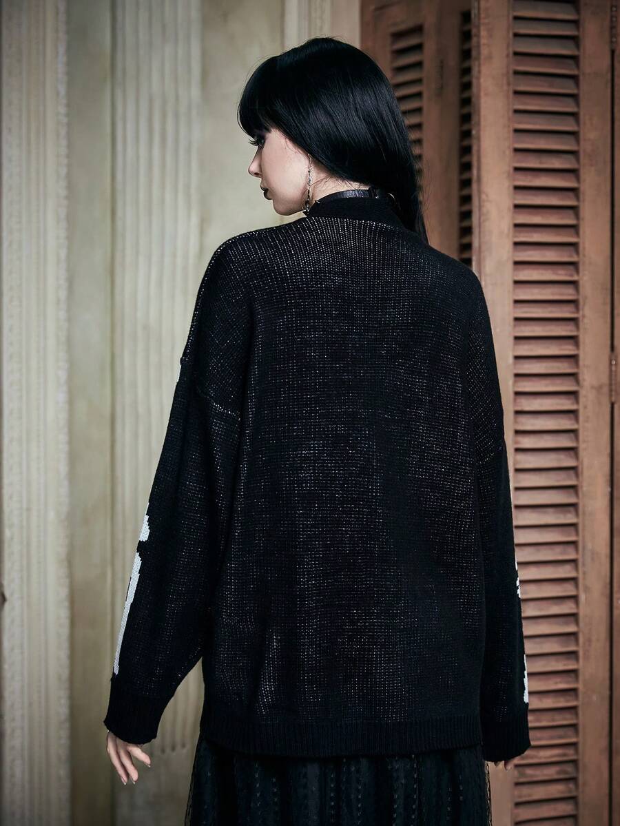 Women's oversized skeleton pattern cardigan with long drop shoulder sleeves and rib-knit trim