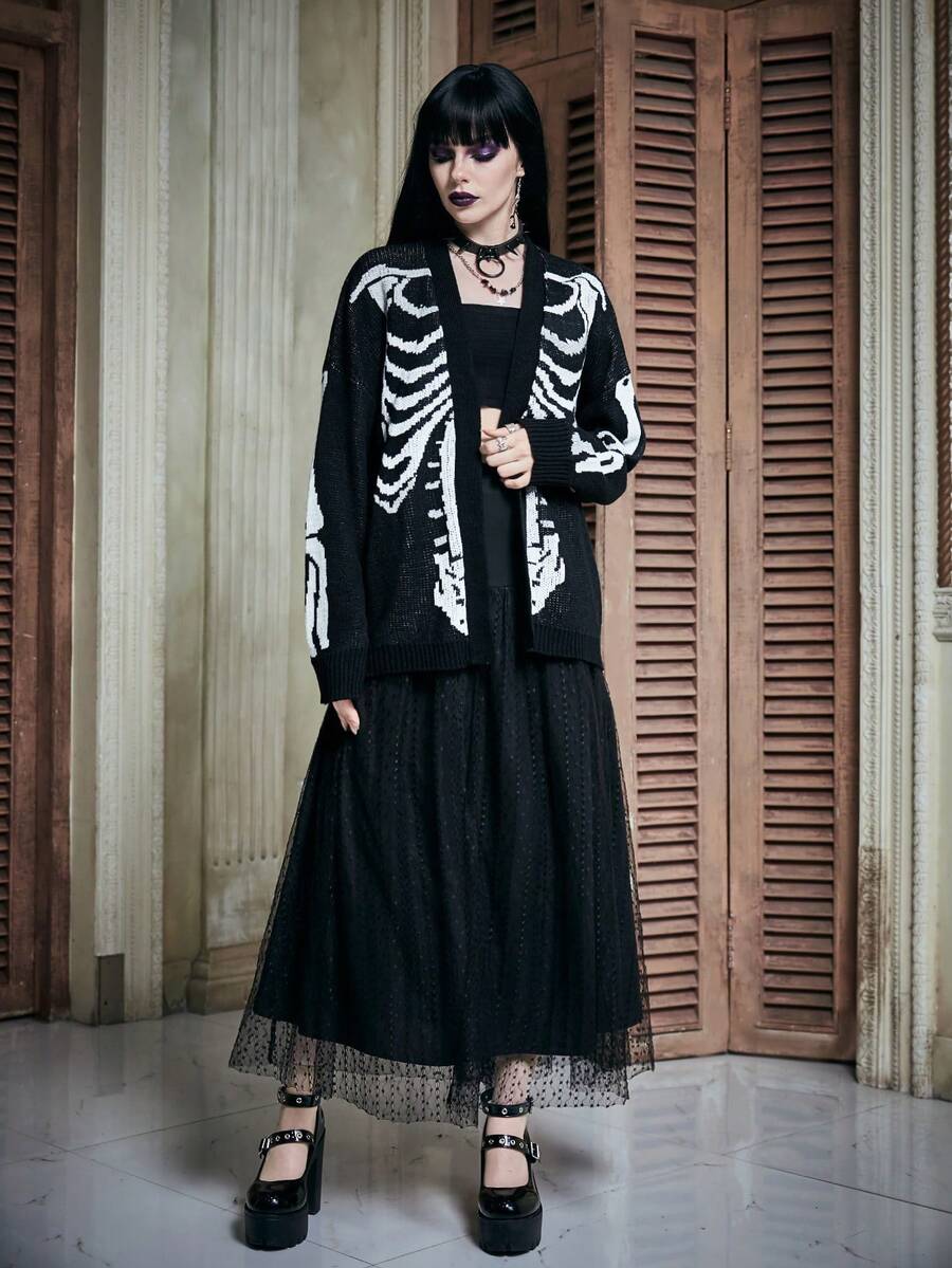 Women's oversized skeleton pattern cardigan with long drop shoulder sleeves and rib-knit trim