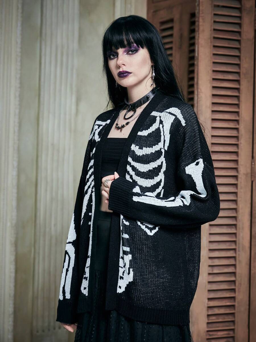 Women's oversized skeleton pattern cardigan with long drop shoulder sleeves and rib-knit trim
